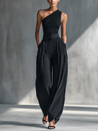 Black High-elastic Knit Top and Acetate Wide-leg Trousers Women UK – Smart Casual Holiday Outfit, Brunch