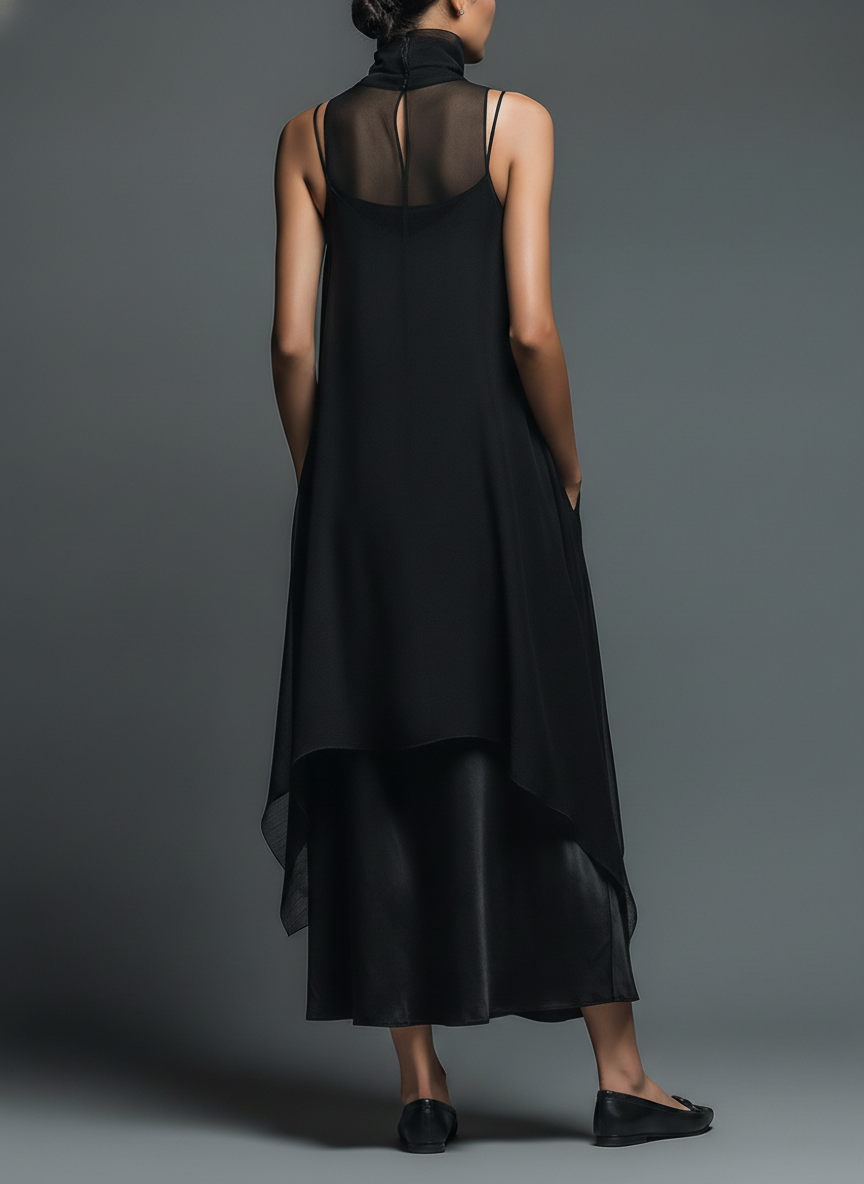 Black Imitation Acetate Slip Dress Women UK – Minimalist Maxi Dress with Chiffon Overlay, Wedding Guest Cocktail