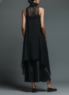 Black Imitation Acetate Slip Dress Women UK – Minimalist Maxi Dress with Chiffon Overlay, Wedding Guest Cocktail