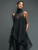 Black Imitation Acetate Slip Dress Women UK – Minimalist Maxi Dress with Chiffon Overlay, Wedding Guest Cocktail