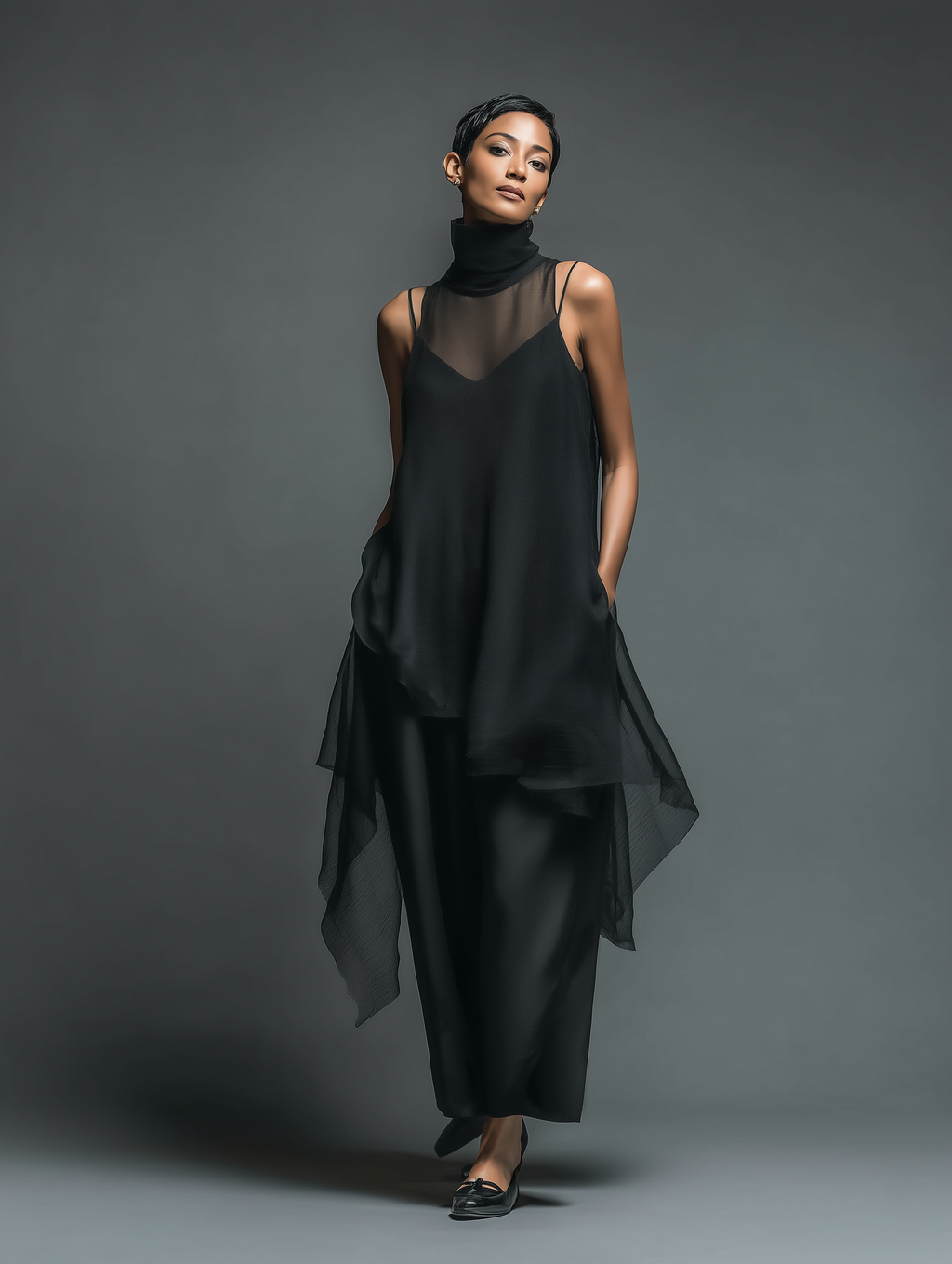 Black Imitation Acetate Slip Dress Women UK – Minimalist Maxi Dress with Chiffon Overlay, Wedding Guest Cocktail