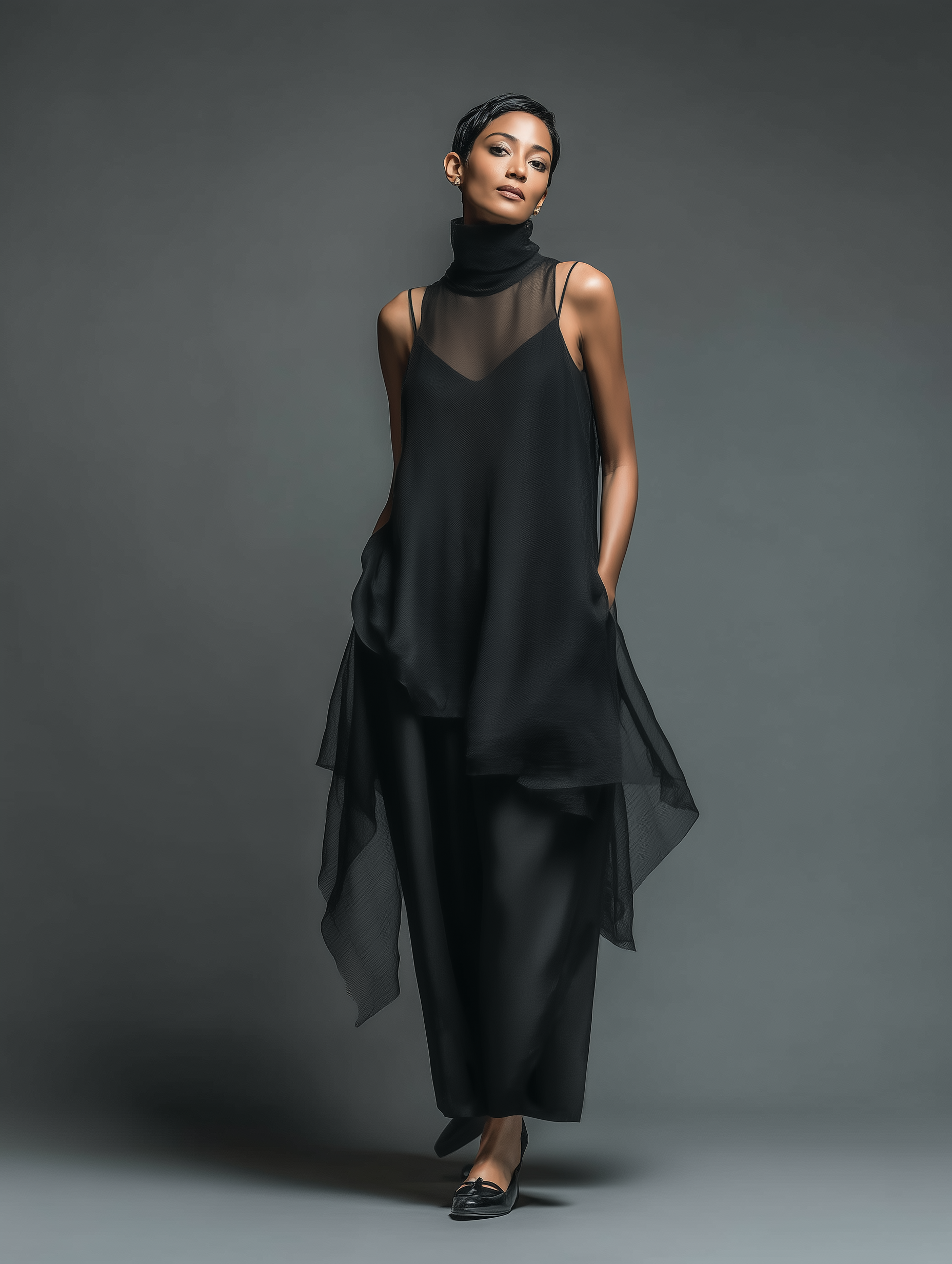 Black Imitation Acetate Slip Dress Women UK – Minimalist Maxi Dress with Chiffon Overlay, Wedding Guest Cocktail