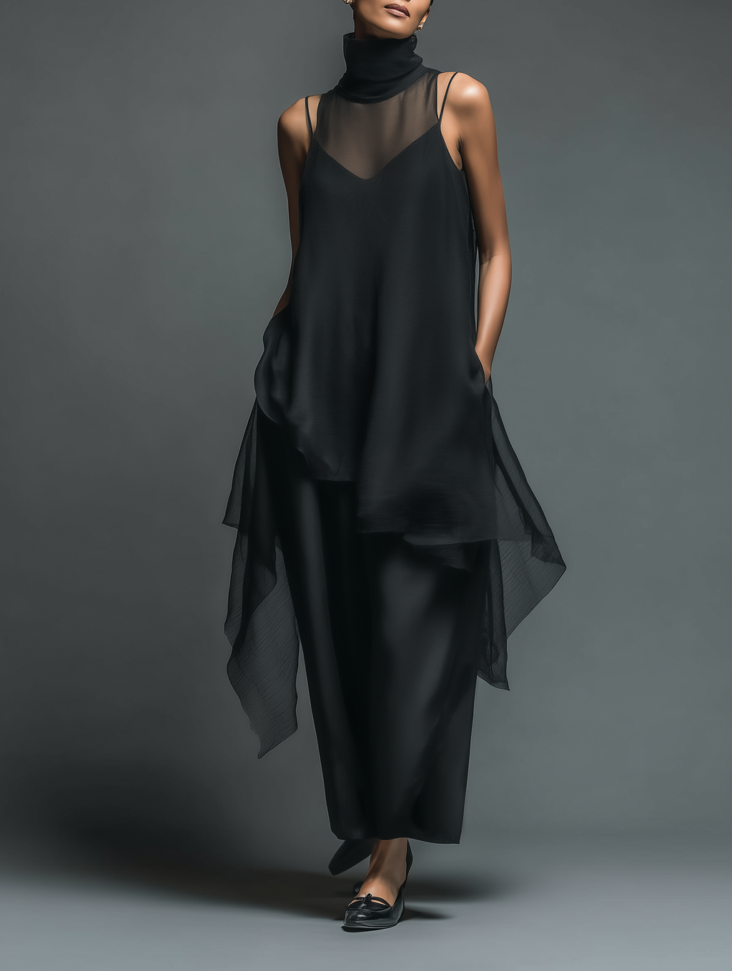 Black Imitation Acetate Slip Dress Women UK – Minimalist Maxi Dress with Chiffon Overlay, Wedding Guest Cocktail