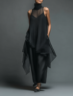 Black Imitation Acetate Slip Dress Women UK – Minimalist Maxi Dress with Chiffon Overlay, Wedding Guest Cocktail