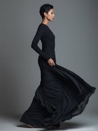 Black Jersey Knit Ruched Maxi Dress Women UK – Wedding Guest Garden Party Evening Gown, Formal Occasion
