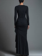Black Jersey Knit Ruched Maxi Dress Women UK – Wedding Guest Garden Party Evening Gown, Formal Occasion