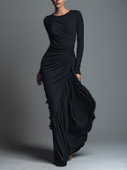 Black Jersey Knit Ruched Maxi Dress Women UK – Wedding Guest Garden Party Evening Gown, Formal Occasion