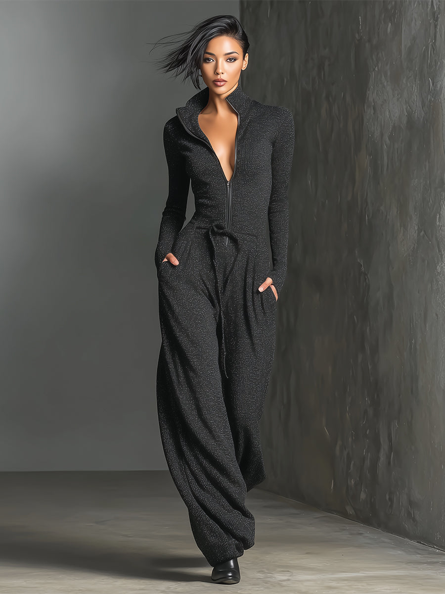 Black Knit Jumpsuit for Women UK – Sparkling Zipper Front, Smart Casual Holiday Wear