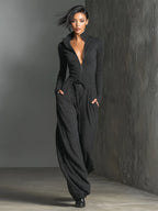 Black Knit Jumpsuit for Women UK – Sparkling Zipper Front, Smart Casual Holiday Wear