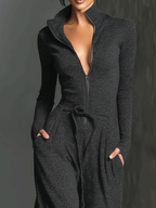 Black Knit Jumpsuit for Women UK – Sparkling Zipper Front, Smart Casual Holiday Wear