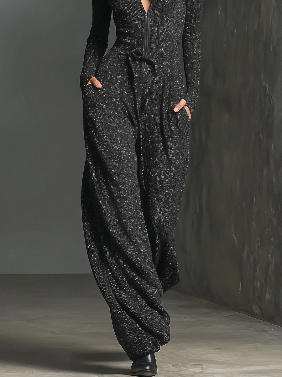 Black Knit Jumpsuit for Women UK – Sparkling Zipper Front, Smart Casual Holiday Wear