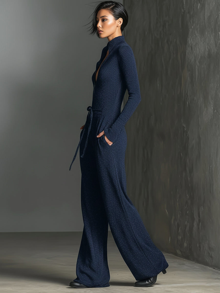Black Knit Jumpsuit for Women UK – Sparkling Zipper Front, Smart Casual Holiday Wear