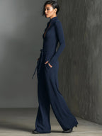 Black Knit Jumpsuit for Women UK – Sparkling Zipper Front, Smart Casual Holiday Wear