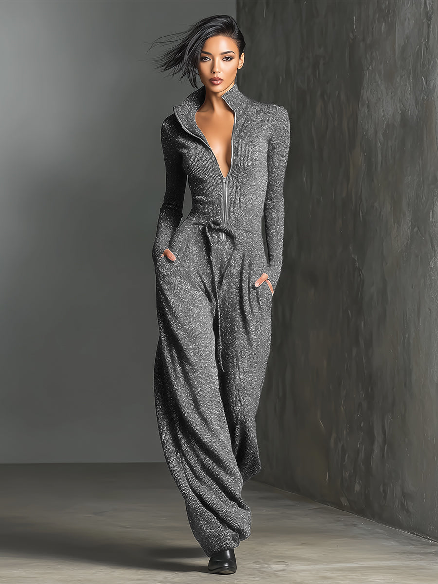 Black Knit Jumpsuit for Women UK – Sparkling Zipper Front, Smart Casual Holiday Wear