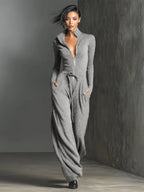 Black Knit Jumpsuit for Women UK – Sparkling Zipper Front, Smart Casual Holiday Wear
