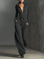 Black Knit Jumpsuit for Women UK – Sparkling Zipper Front, Smart Casual Holiday Wear