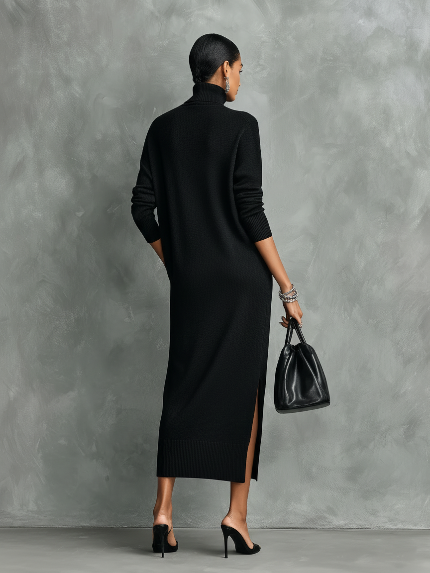 Black Knitted Turtleneck Midi Dress Women UK – Loose-fitting Long-sleeved Dress, Cocktail & Evening Gown