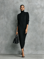 Black Knitted Turtleneck Midi Dress Women UK – Loose-fitting Long-sleeved Dress, Cocktail & Evening Gown