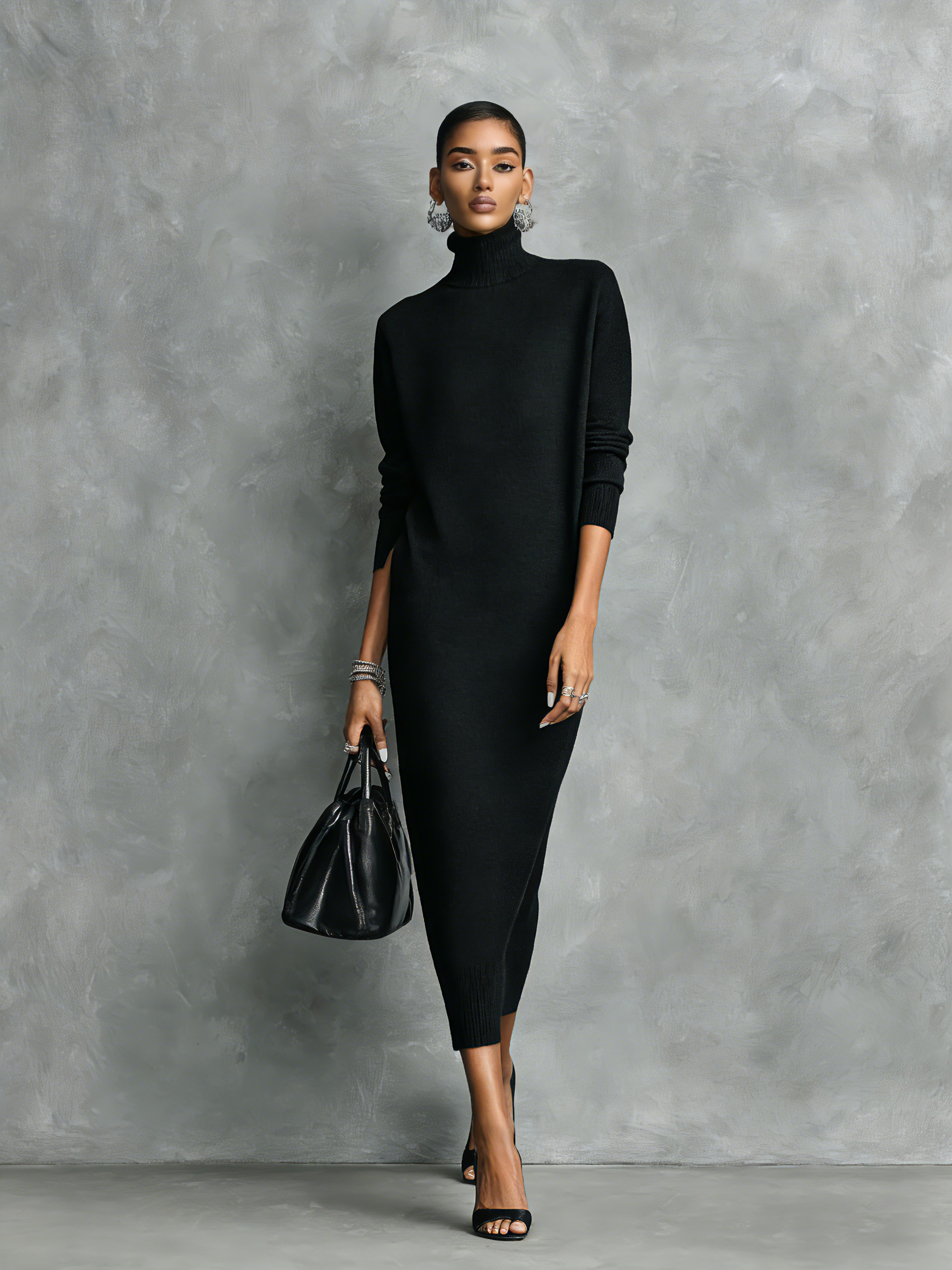 Black Knitted Turtleneck Midi Dress Women UK – Loose-fitting Long-sleeved Dress, Cocktail & Evening Gown