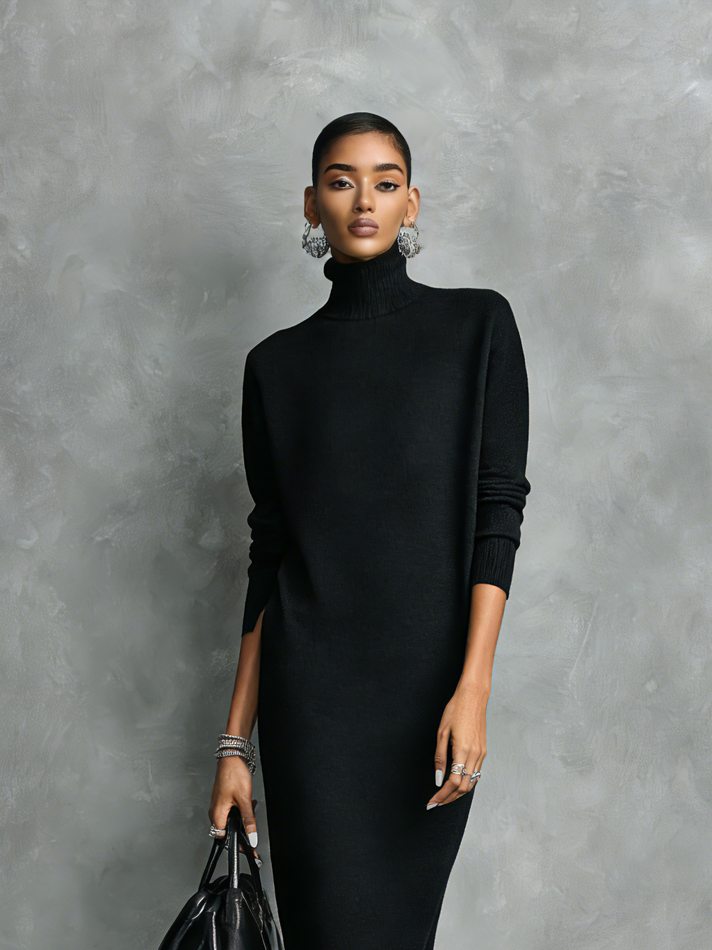 Black Knitted Turtleneck Midi Dress Women UK – Loose-fitting Long-sleeved Dress, Cocktail & Evening Gown