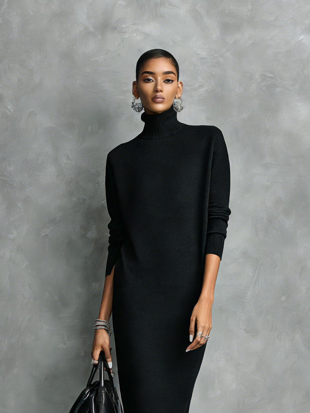 Black Knitted Turtleneck Midi Dress Women UK – Loose-fitting Long-sleeved Dress, Cocktail & Evening Gown