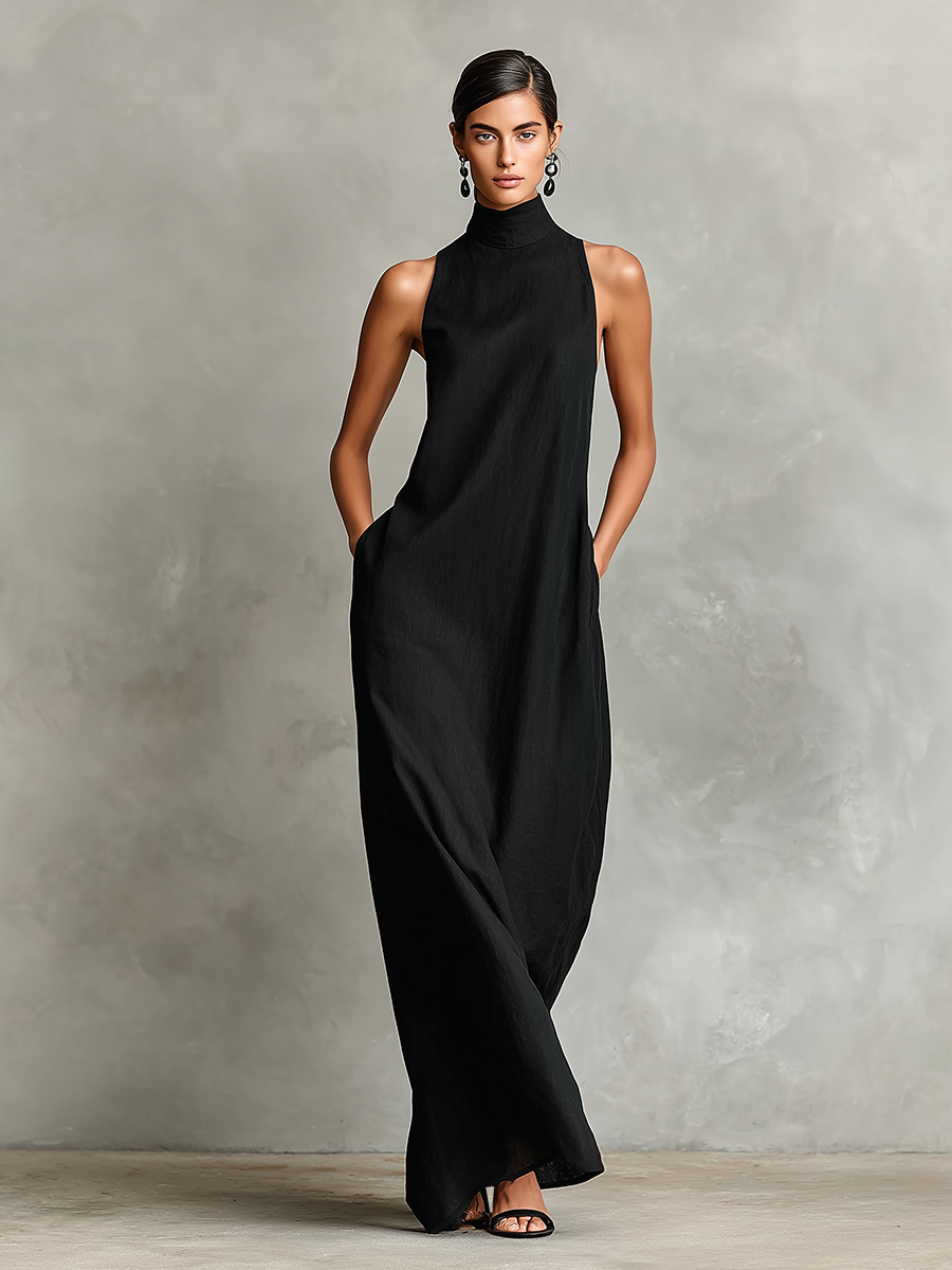 Black Linen-Blend Maxi Dress Women UK – Timeless Minimalist Casual Dress, Garden Party & Resort Holiday