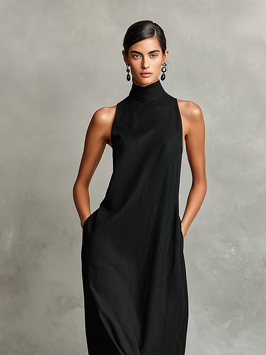 Black Linen-Blend Maxi Dress Women UK – Timeless Minimalist Casual Dress, Garden Party & Resort Holiday