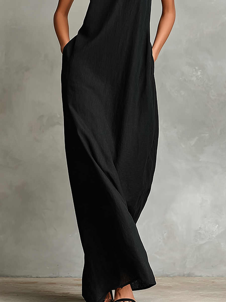 Black Linen-Blend Maxi Dress Women UK – Timeless Minimalist Casual Dress, Garden Party & Resort Holiday