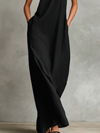 Black Linen-Blend Maxi Dress Women UK – Timeless Minimalist Casual Dress, Garden Party & Resort Holiday