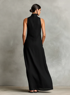 Black Linen-Blend Maxi Dress Women UK – Timeless Minimalist Casual Dress, Garden Party & Resort Holiday