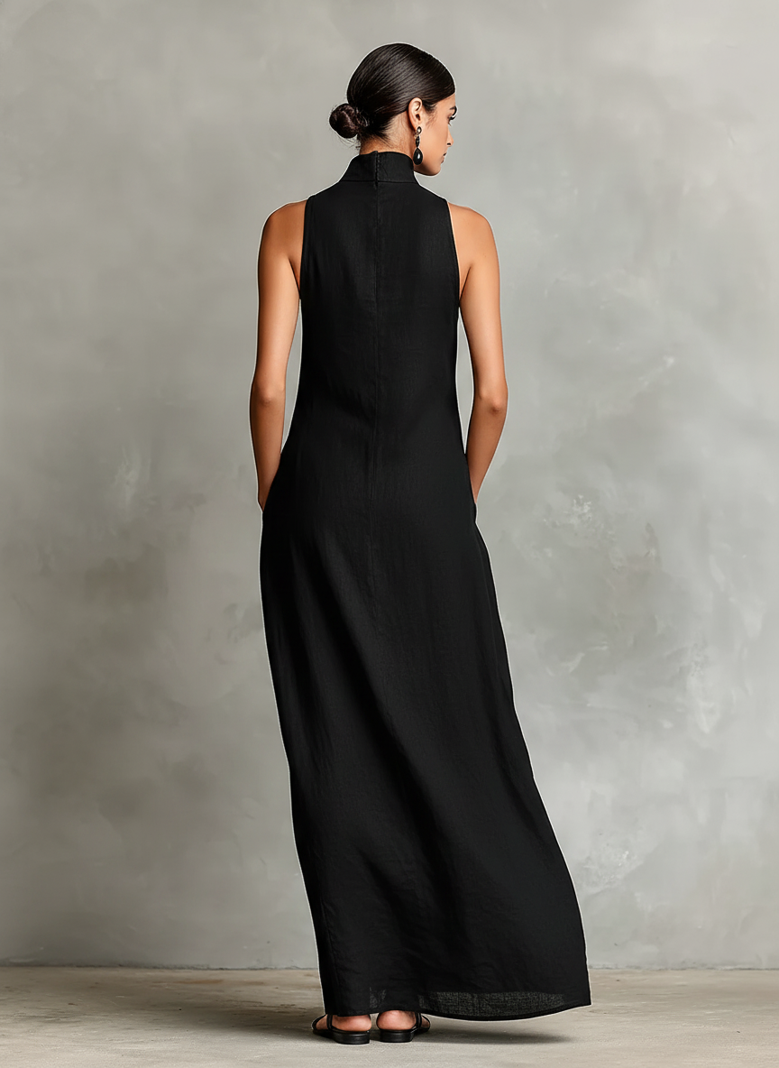 Black Linen-Blend Maxi Dress Women UK – Timeless Minimalist Casual Dress, Garden Party & Resort Holiday