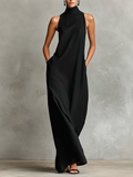 Black Linen-Blend Maxi Dress Women UK – Timeless Minimalist Casual Dress, Garden Party & Resort Holiday