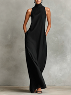 Black Linen-Blend Maxi Dress Women UK – Timeless Minimalist Casual Dress, Garden Party & Resort Holiday