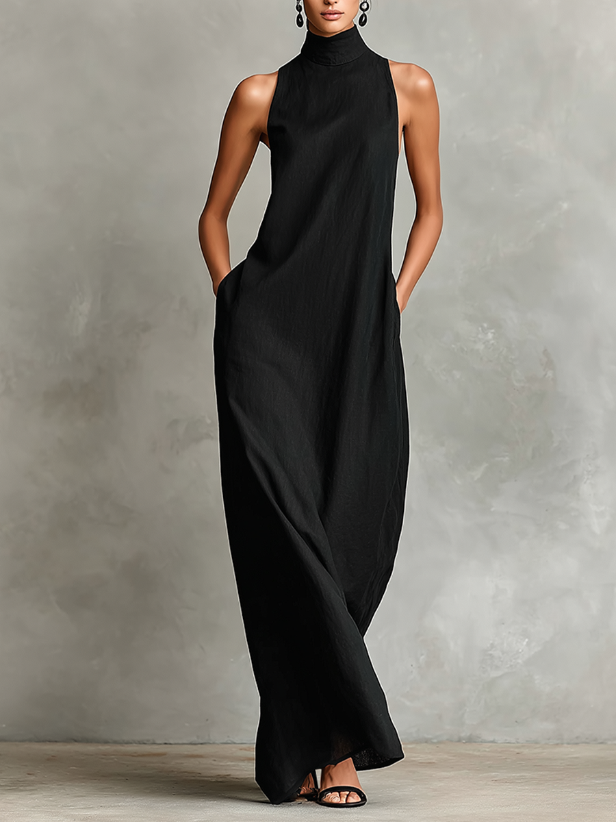 Black Linen-Blend Maxi Dress Women UK – Timeless Minimalist Casual Dress, Garden Party & Resort Holiday