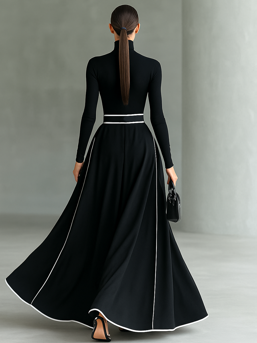 Black Stitching White Trim High Collar Long Sleeve Maxi Dress Women UK – Wedding Guest, Evening Gown