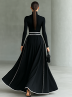 Black Stitching White Trim High Collar Long Sleeve Maxi Dress Women UK – Wedding Guest, Evening Gown