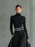 Black Stitching White Trim High Collar Long Sleeve Maxi Dress Women UK – Wedding Guest, Evening Gown