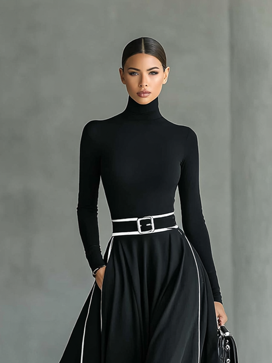 Black Stitching White Trim High Collar Long Sleeve Maxi Dress Women UK – Wedding Guest, Evening Gown