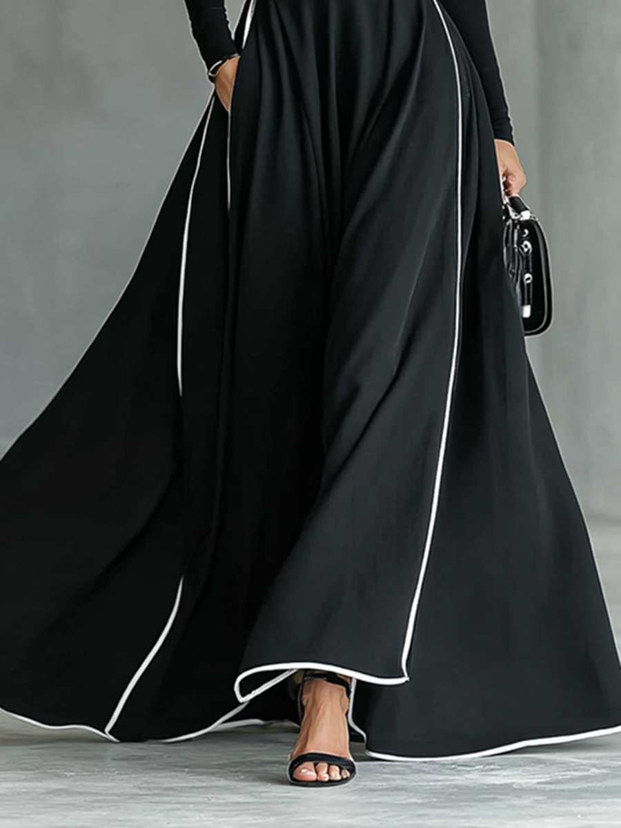 Black Stitching White Trim High Collar Long Sleeve Maxi Dress Women UK – Wedding Guest, Evening Gown