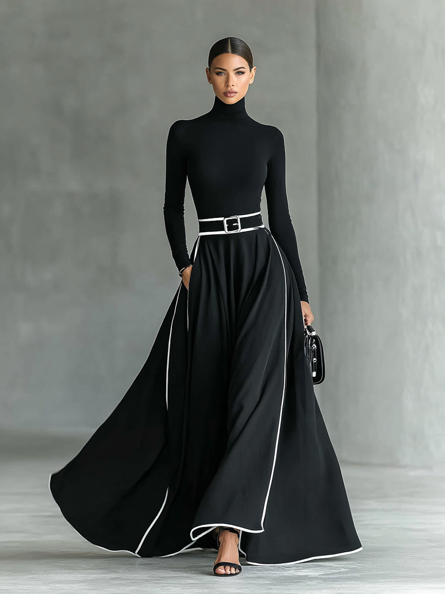 Black Stitching White Trim High Collar Long Sleeve Maxi Dress Women UK – Wedding Guest, Evening Gown