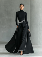 Black Stitching White Trim High Collar Long Sleeve Maxi Dress Women UK – Wedding Guest, Evening Gown