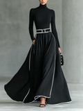 Black Stitching White Trim High Collar Long Sleeve Maxi Dress Women UK – Wedding Guest, Evening Gown