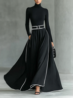 Black Stitching White Trim High Collar Long Sleeve Maxi Dress Women UK – Wedding Guest, Evening Gown