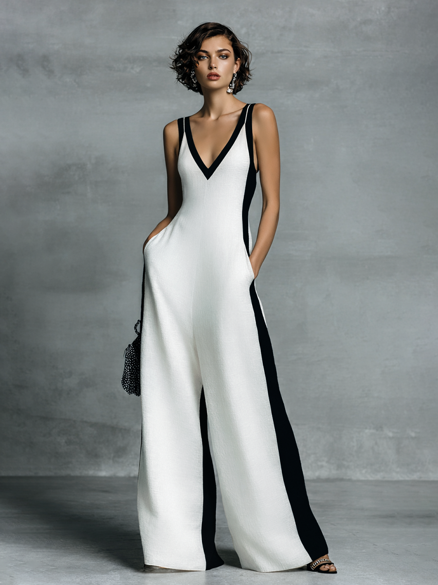 Black and White Cotton Linen Jumpsuit for Women UK – Smart Casual Holiday Wear, Cocktail