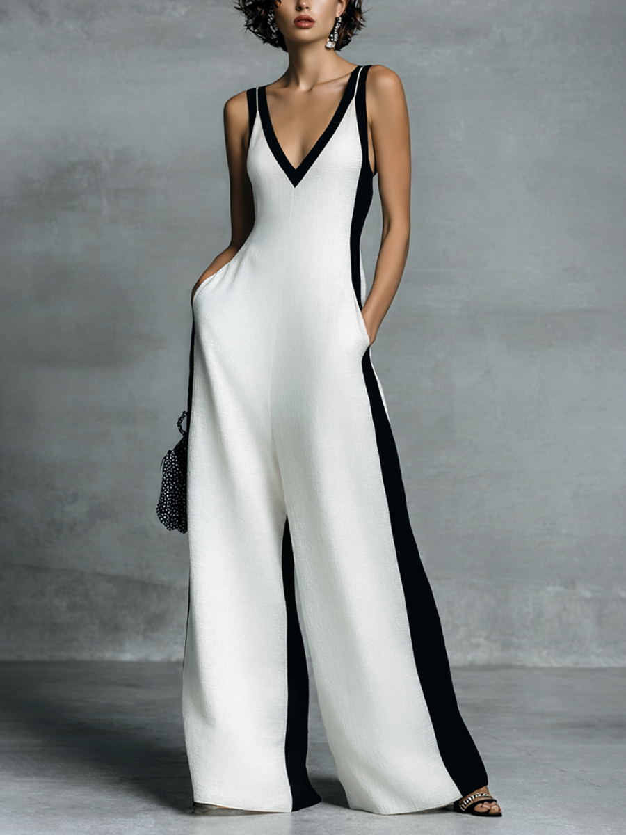 Black and White Cotton Linen Jumpsuit for Women UK – Smart Casual Holiday Wear, Cocktail