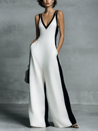 Black and White Cotton Linen Jumpsuit for Women UK – Smart Casual Holiday Wear, Cocktail