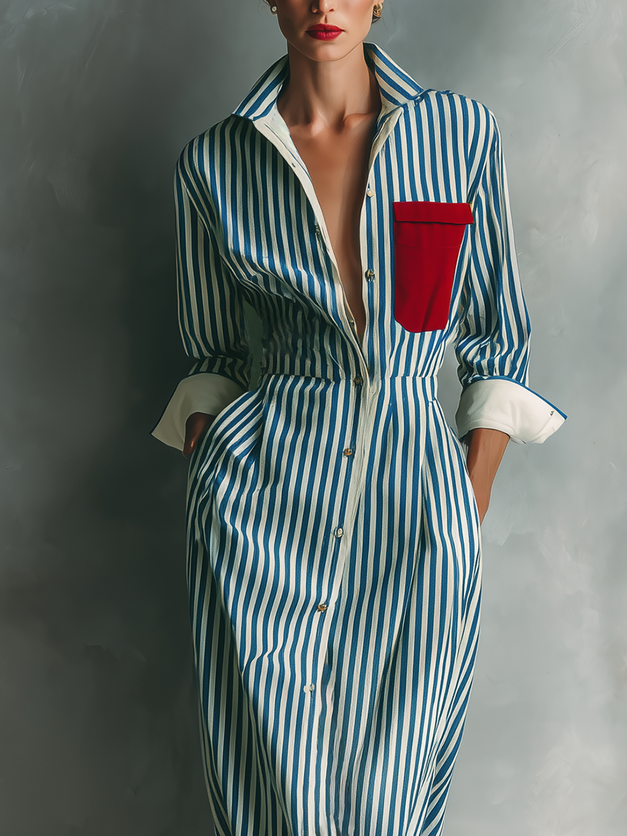 Blue And White Cotton Blend Striped Shirt Dress Women UK – Smart Casual Holiday Wear Brunch