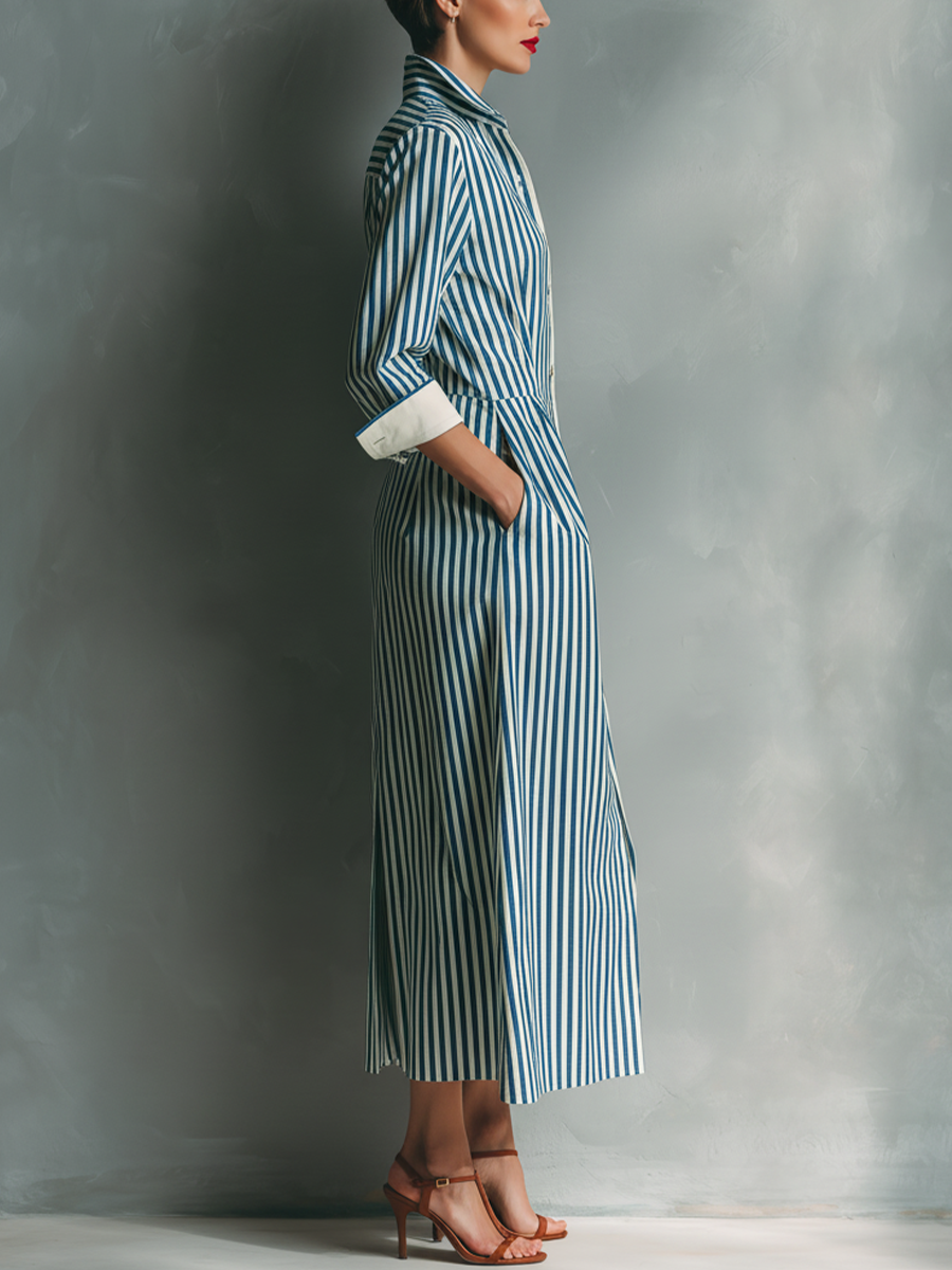 Blue And White Cotton Blend Striped Shirt Dress Women UK – Smart Casual Holiday Wear Brunch