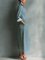 Blue And White Cotton Blend Striped Shirt Dress Women UK – Smart Casual Holiday Wear Brunch