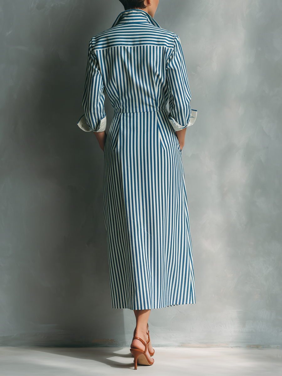 Blue And White Cotton Blend Striped Shirt Dress Women UK – Smart Casual Holiday Wear Brunch